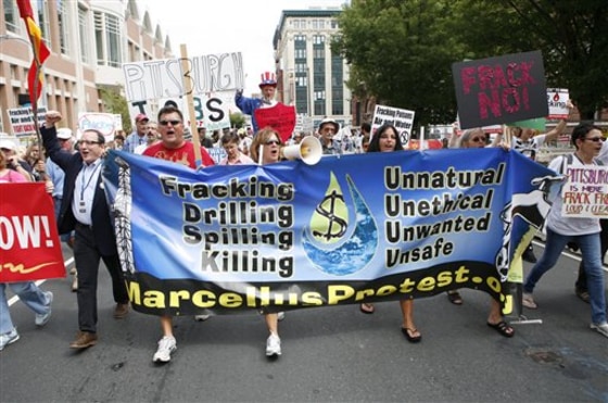 Activists and homeowners march in front of the Philadelphia convention center following a protest against hydraulic gas drilling, or "fracking" on Sept. 7. 